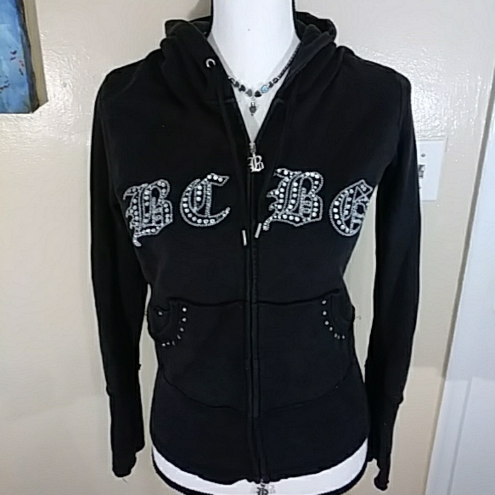 BCBGMaxazria Womens Black Zipper Hoodie Rhinestone